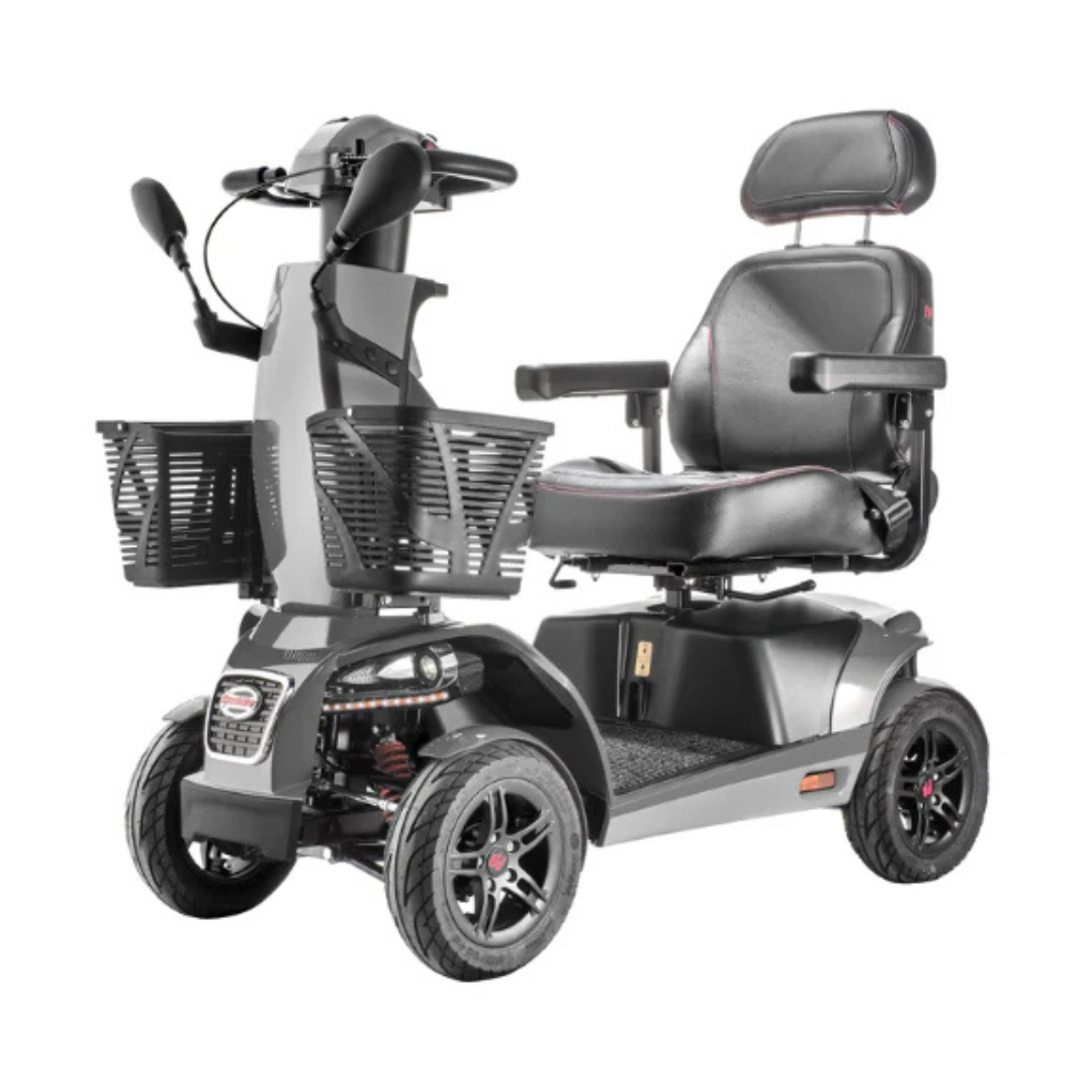 The FreeRider FR1 Terrain Heavy Duty Mobility Scooter features four wheels, a black and gray design, padded seat with armrests and headrest, handlebars, mirrors, front basket, and advanced handling for a comfortable ride.